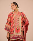Persian Red Crepe Sharara Set with Canvas tote bag with Vibrant Print Motifs