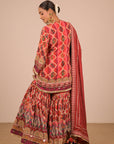 Persian Red Crepe Sharara Set with Canvas tote bag with Vibrant Print Motifs
