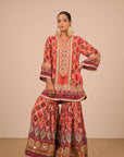 Persian Red Crepe Sharara Set with Canvas tote bag with Vibrant Print Motifs