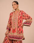 Persian Red Crepe Sharara Set with Canvas tote bag with Vibrant Print Motifs