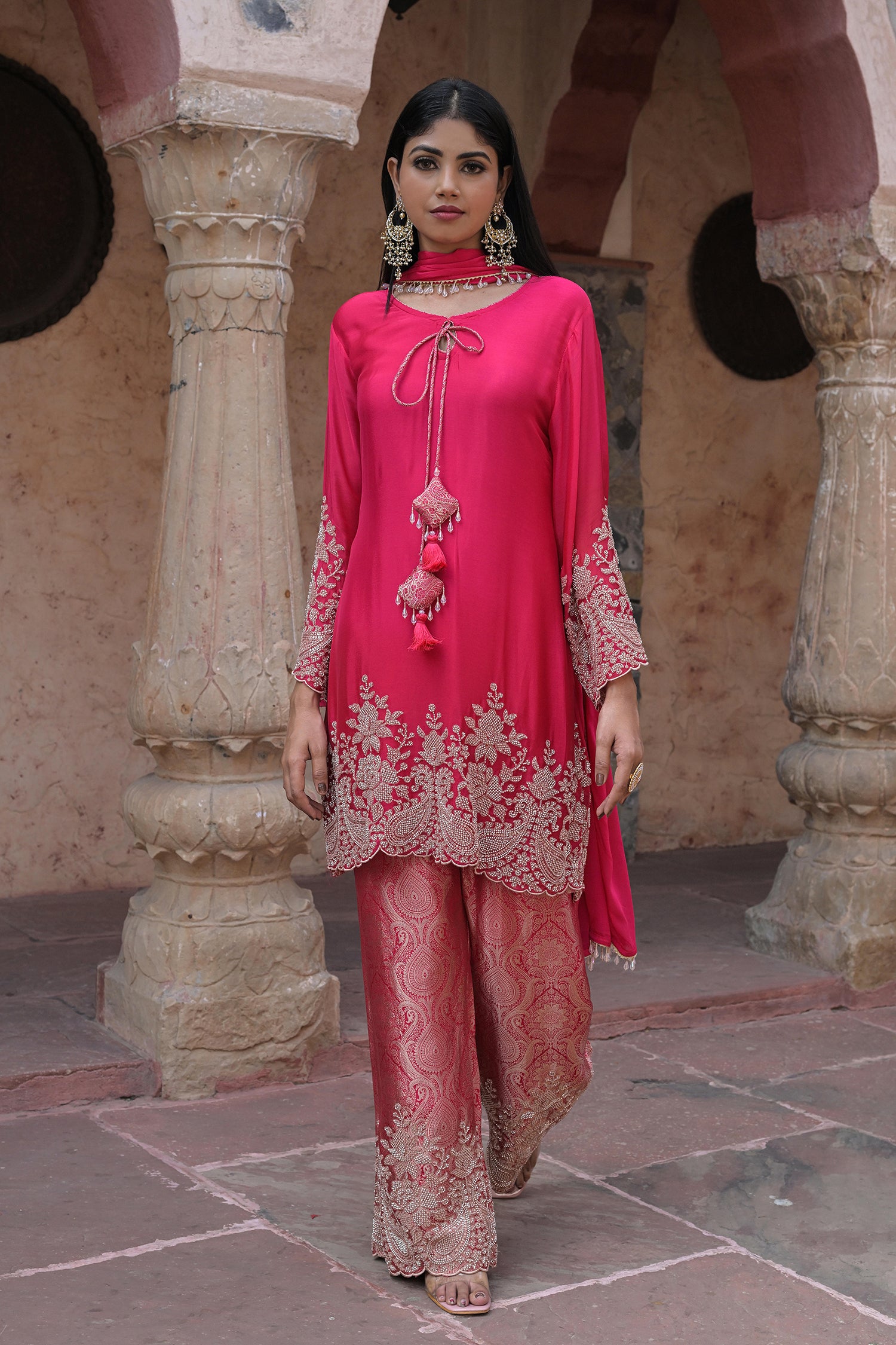 Orange Brocade Kurti Pant Set Festival Ready Indian Party Outfit