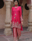 Orange Brocade Kurti Pant Set Festival Ready Indian Party Outfit