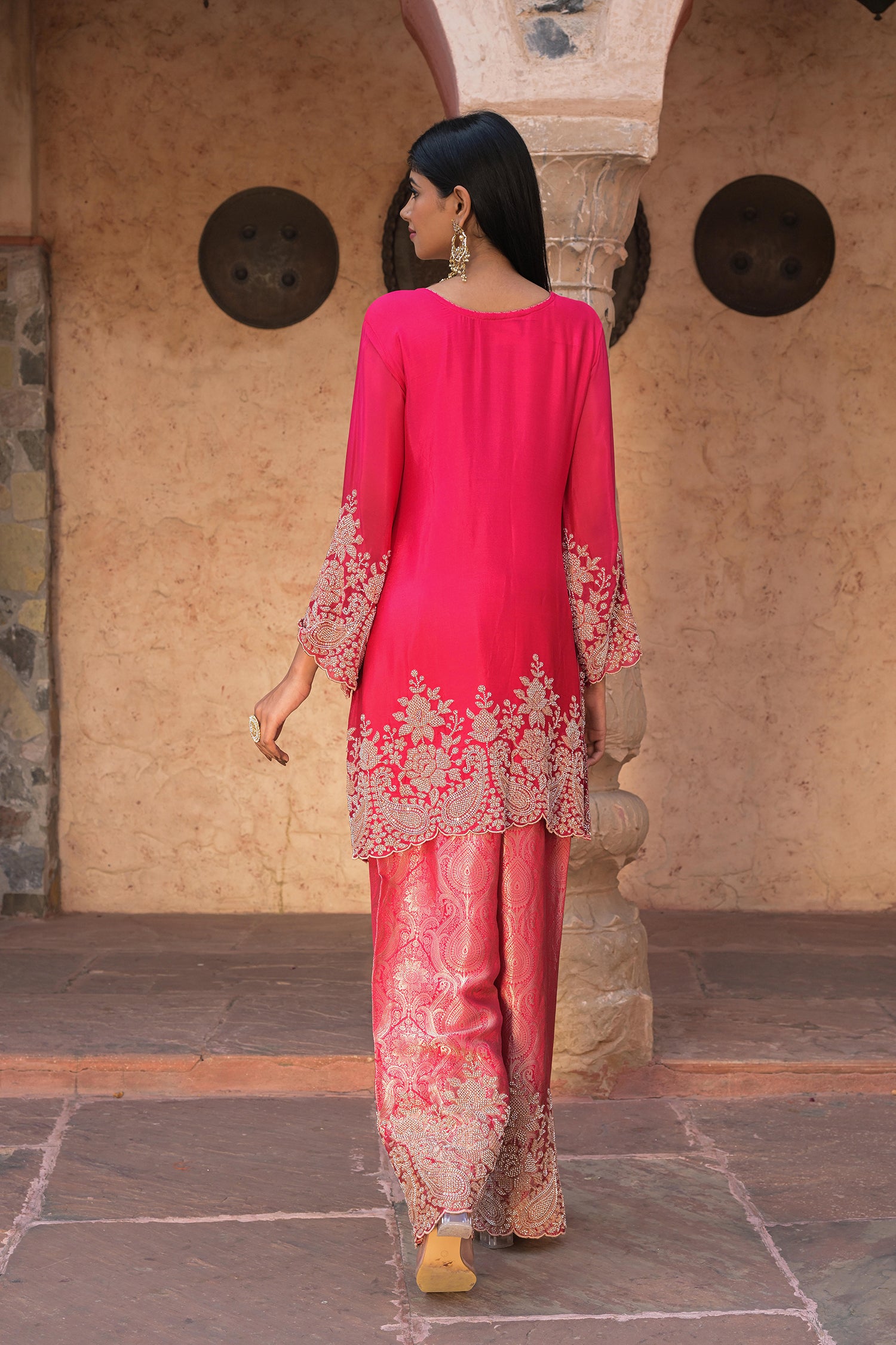 Orange Brocade Kurti Pant Set Festival Ready Indian Party Outfit