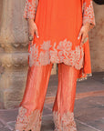 Orange Brocade Kurti Pant Set Floral Festive Indian Wear