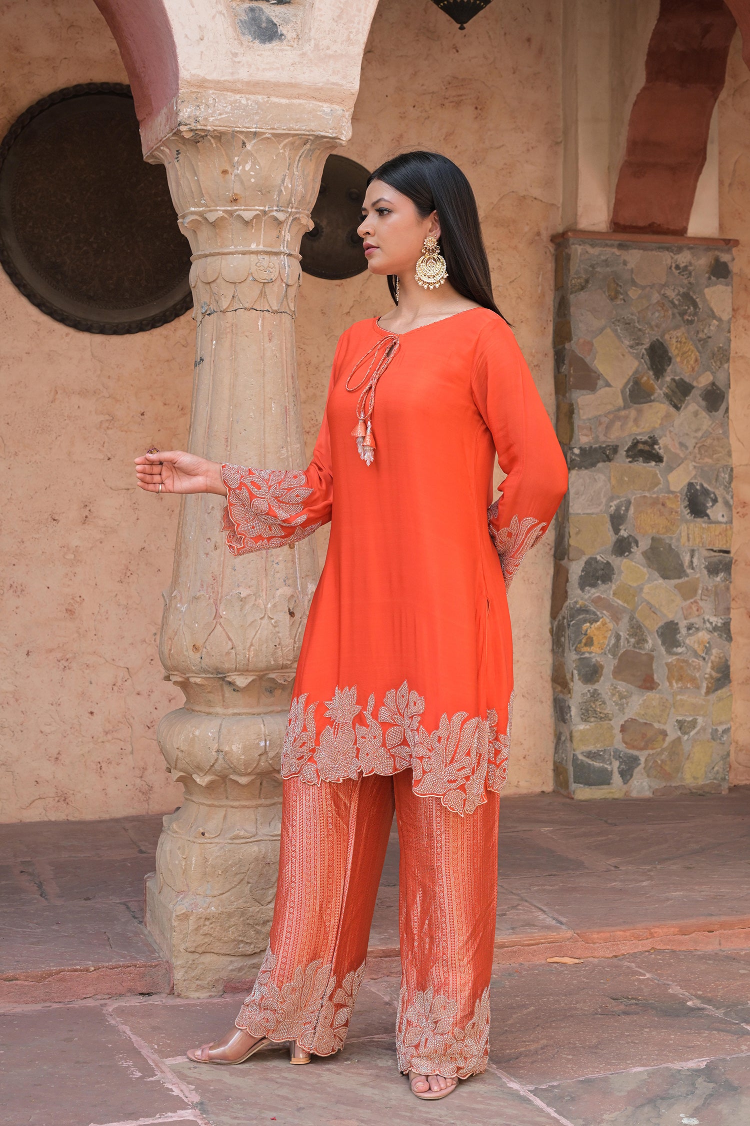 Orange Brocade Kurti Pant Set Floral Festive Indian Wear