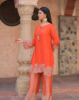 Orange Brocade Kurti Pant Set Floral Festive Indian Wear