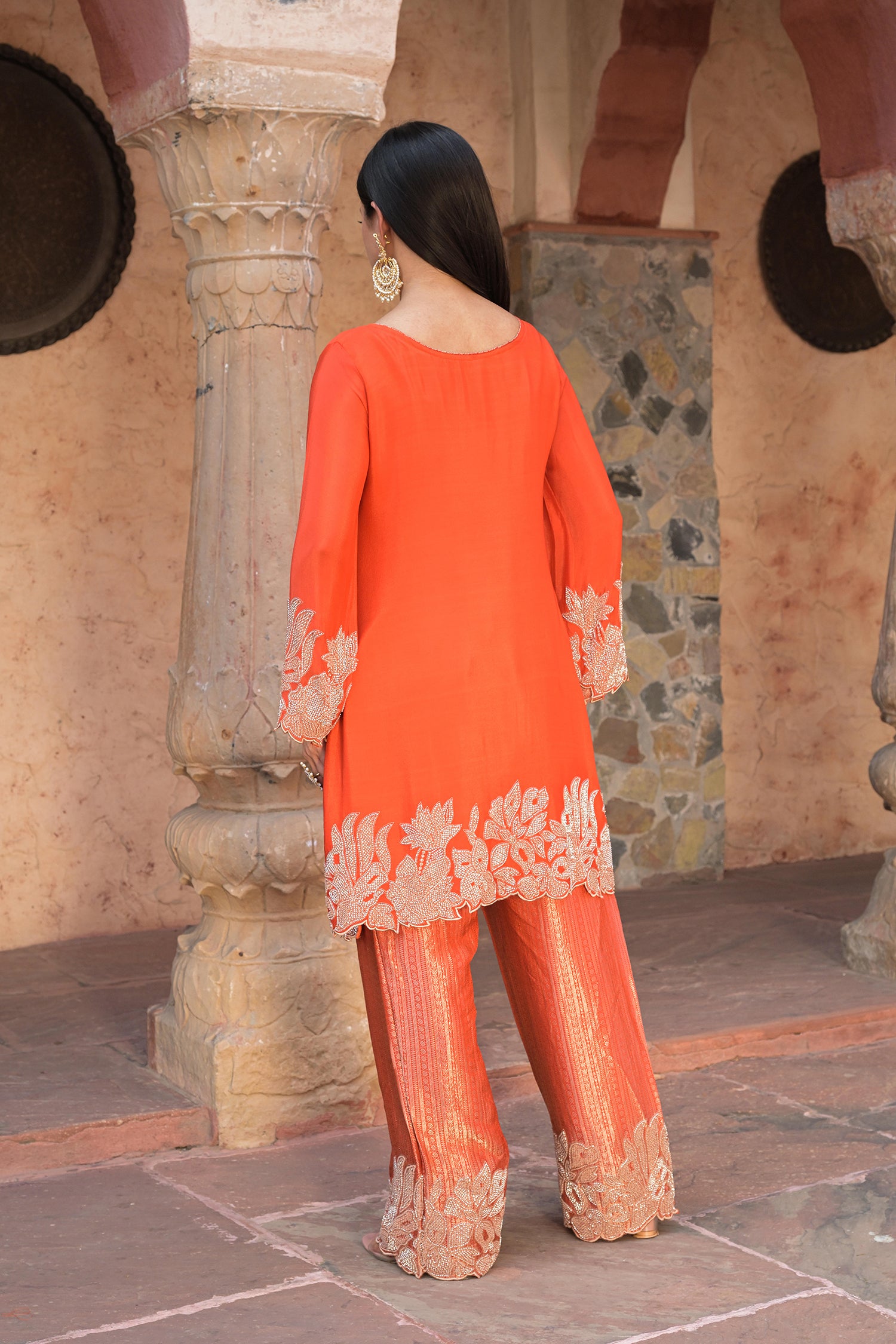 Orange Brocade Kurti Pant Set Floral Festive Indian Wear