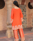 Orange Brocade Kurti Pant Set Floral Festive Indian Wear