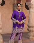 Purple Brocade Kurti Pant Set Designer Floral Festive Wear