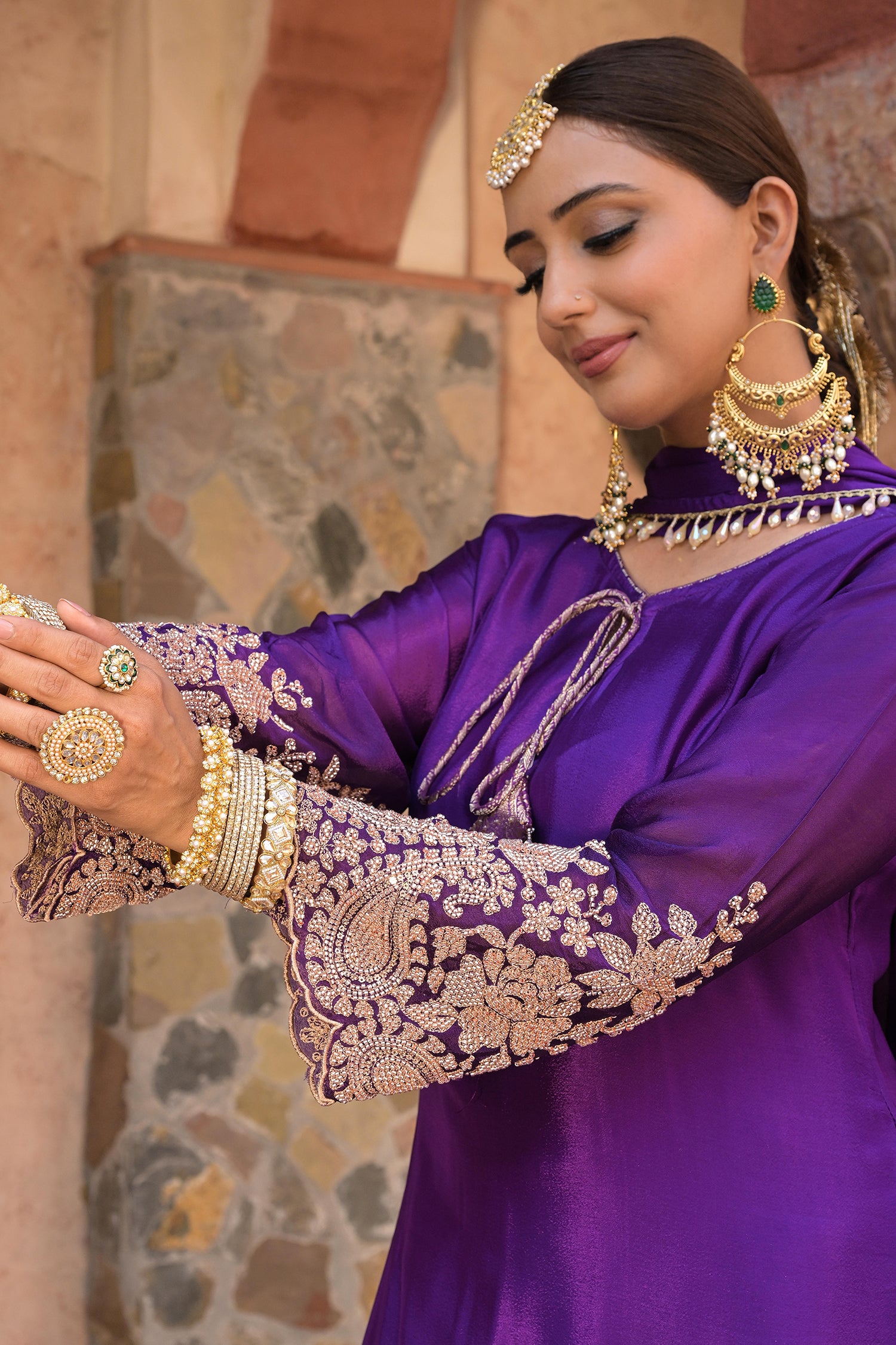 Purple Brocade Kurti Pant Set Designer Floral Festive Wear