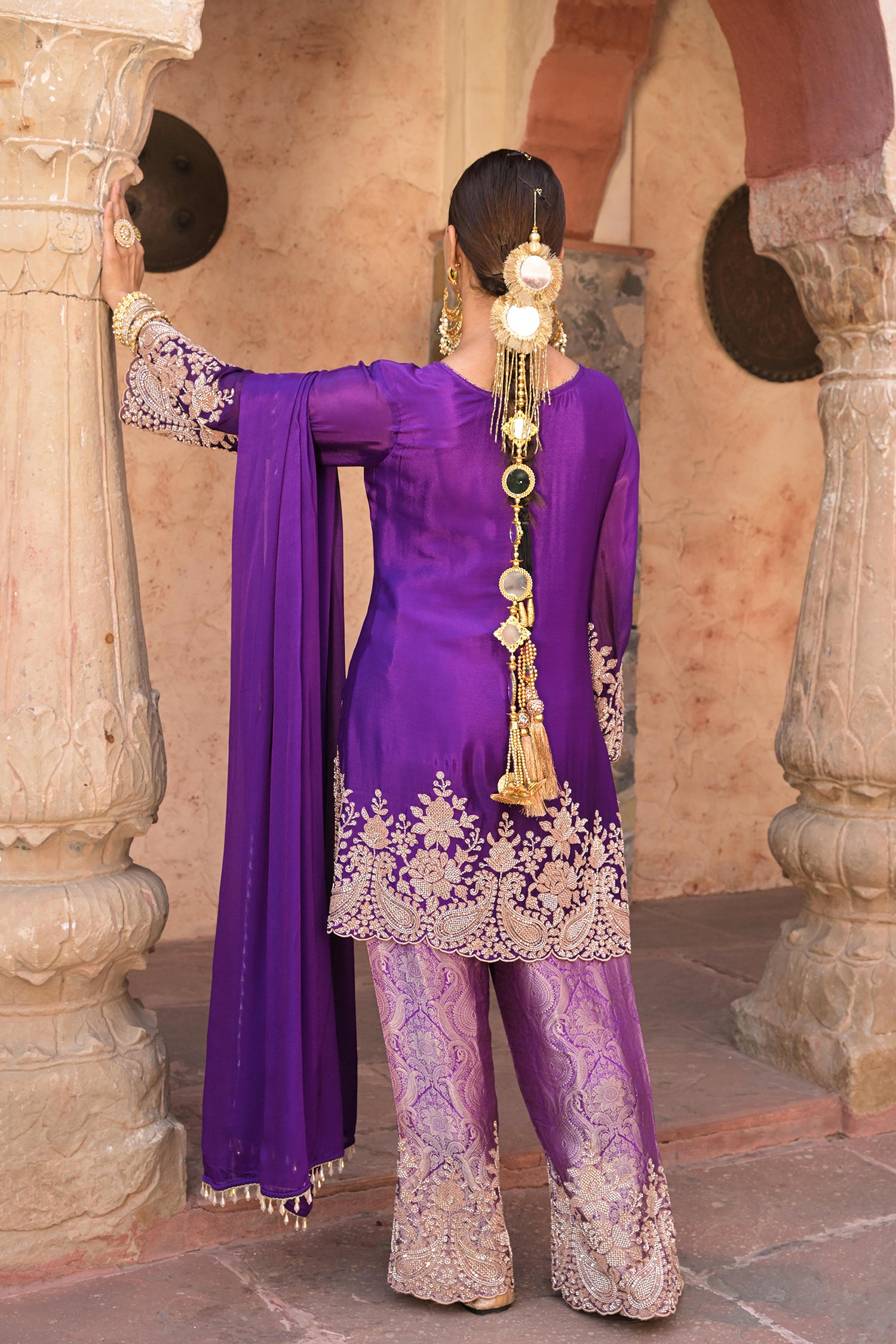 Purple Brocade Kurti Pant Set Designer Floral Festive Wear