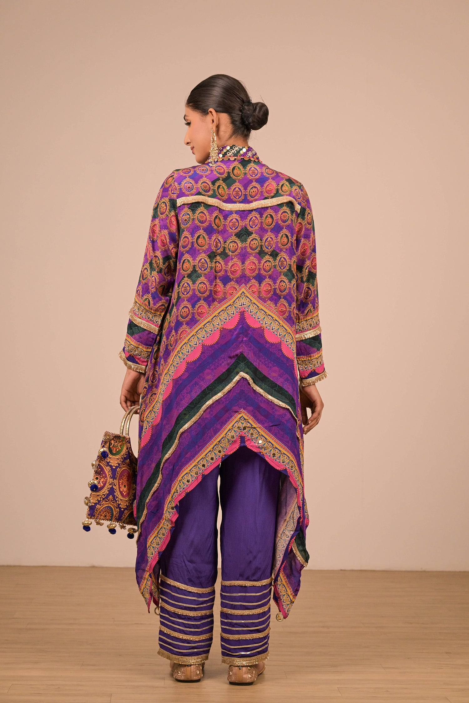 Purple Asymmetric Hem Kurta Set in Crepe Fabric with Canvas tote bag