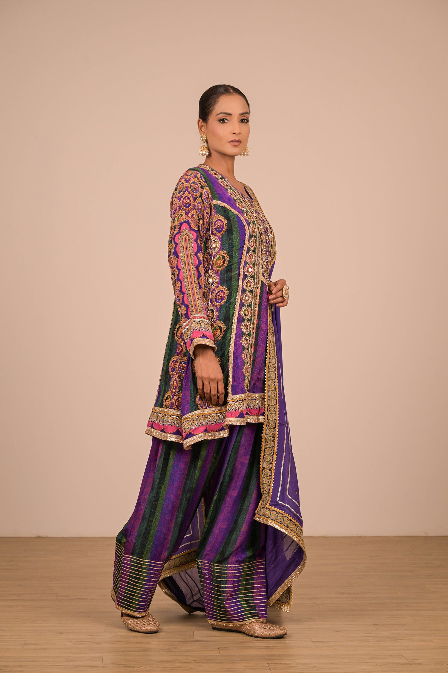 Purple Crepe Suit Set with Farsi Salwar with Canvas tote bag