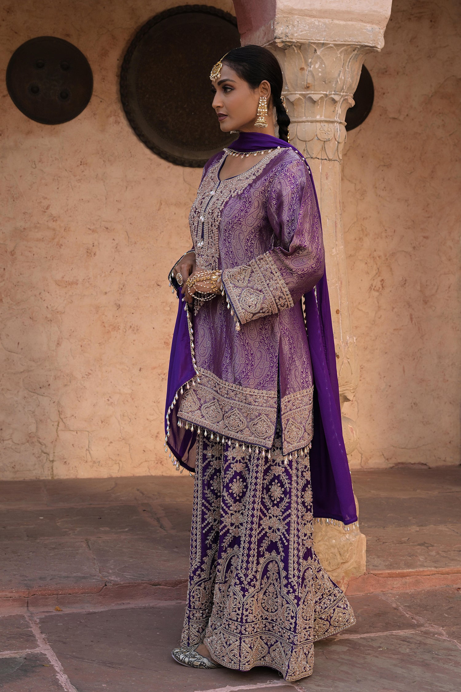 Purple Brocade Kurti Sharara Set Elegant Festive Party Outfit