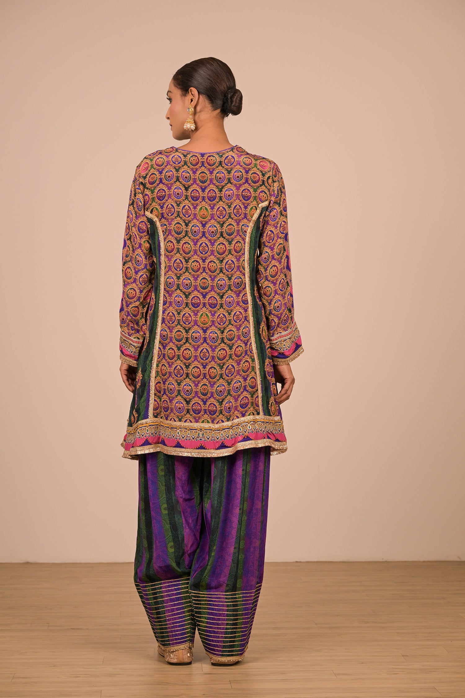 Purple Crepe Suit Set with Farsi Salwar with Canvas tote bag