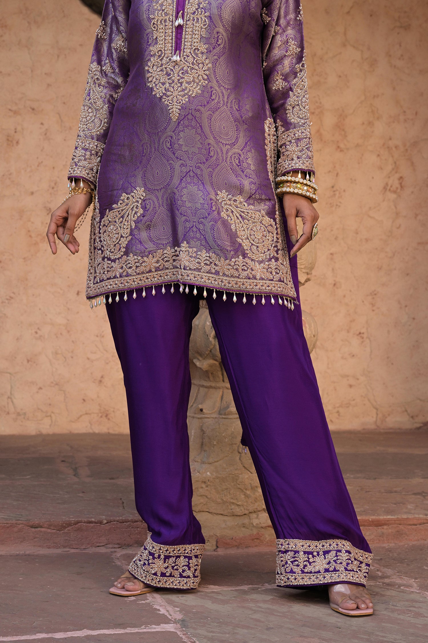 Royal Purple Brocade Kurti Pant Set Designer Party Outfit