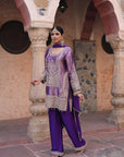 Purple Brocade Kurti Pant Set Elegant Festive Party Look