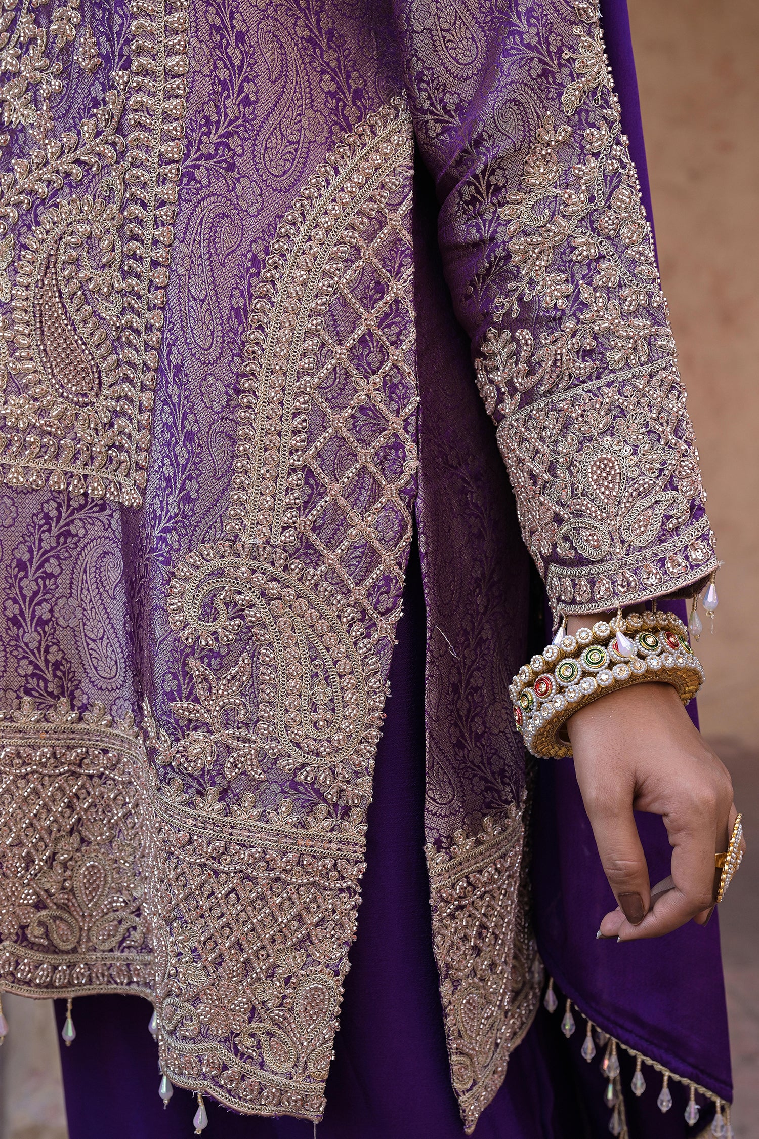 Purple Brocade Kurti Pant Set Elegant Festive Party Look