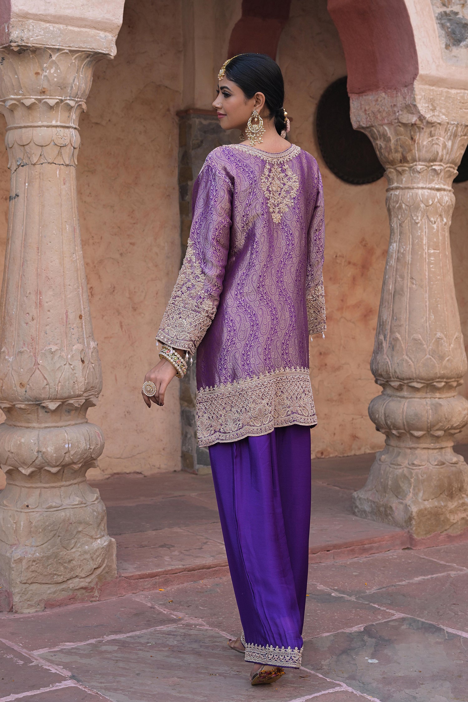 Purple Brocade Kurti Pant Set Elegant Festive Party Look
