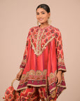 Vibrant Persian Red Crepe Suit Set with Tulip Pants and Heavy Embroidered Potli Bag