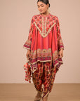 Vibrant Persian Red Crepe Suit Set with Tulip Pants and Heavy Embroidered Potli Bag
