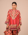 Vibrant Persian Red Crepe Suit Set with Tulip Pants and Heavy Embroidered Potli Bag