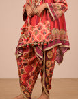 Vibrant Persian Red Crepe Suit Set with Tulip Pants and Heavy Embroidered Potli Bag