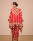 Vibrant Persian Red Crepe Suit Set with Tulip Pants and Heavy Embroidered Potli Bag