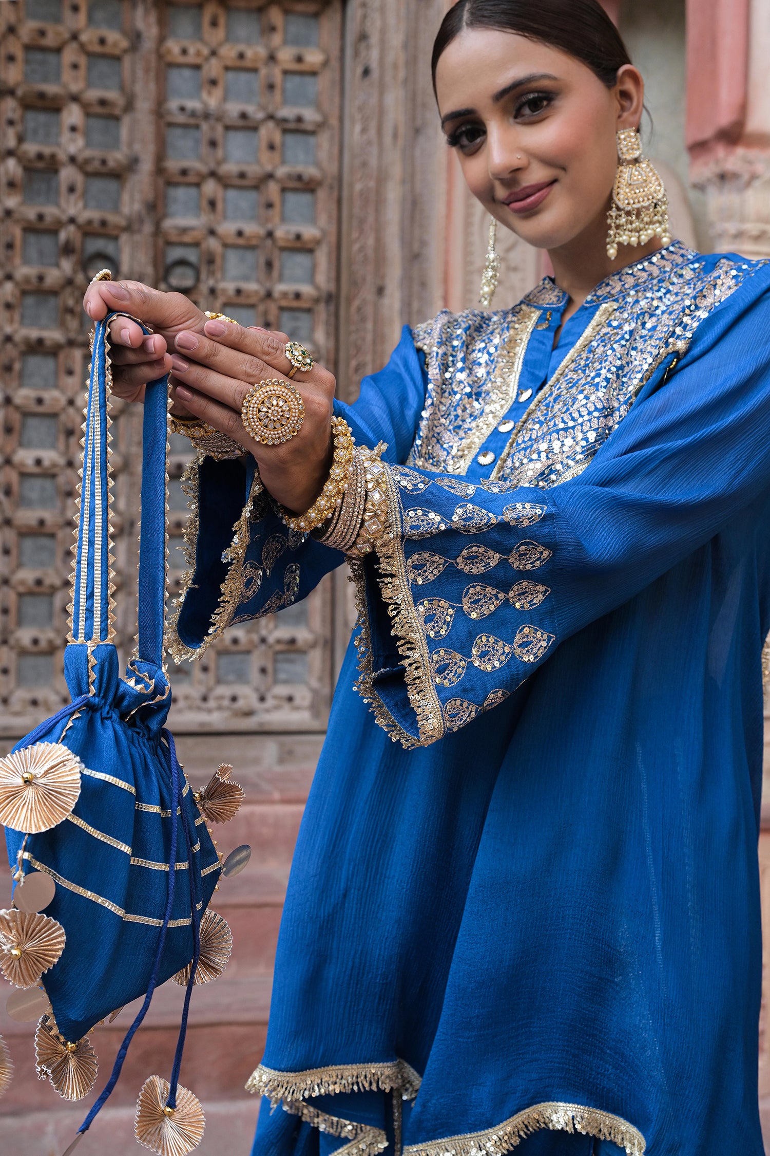 Royal Blue Chinon Kurti Crepe Dhoti Set