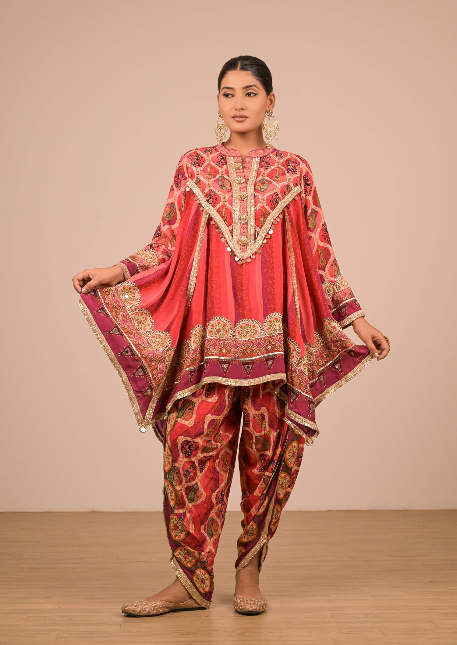 Vibrant Persian Red Crepe Suit Set with Tulip Pants and Heavy Embroidered Potli Bag