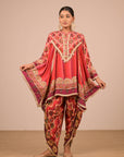 Vibrant Persian Red Crepe Suit Set with Tulip Pants and Heavy Embroidered Potli Bag