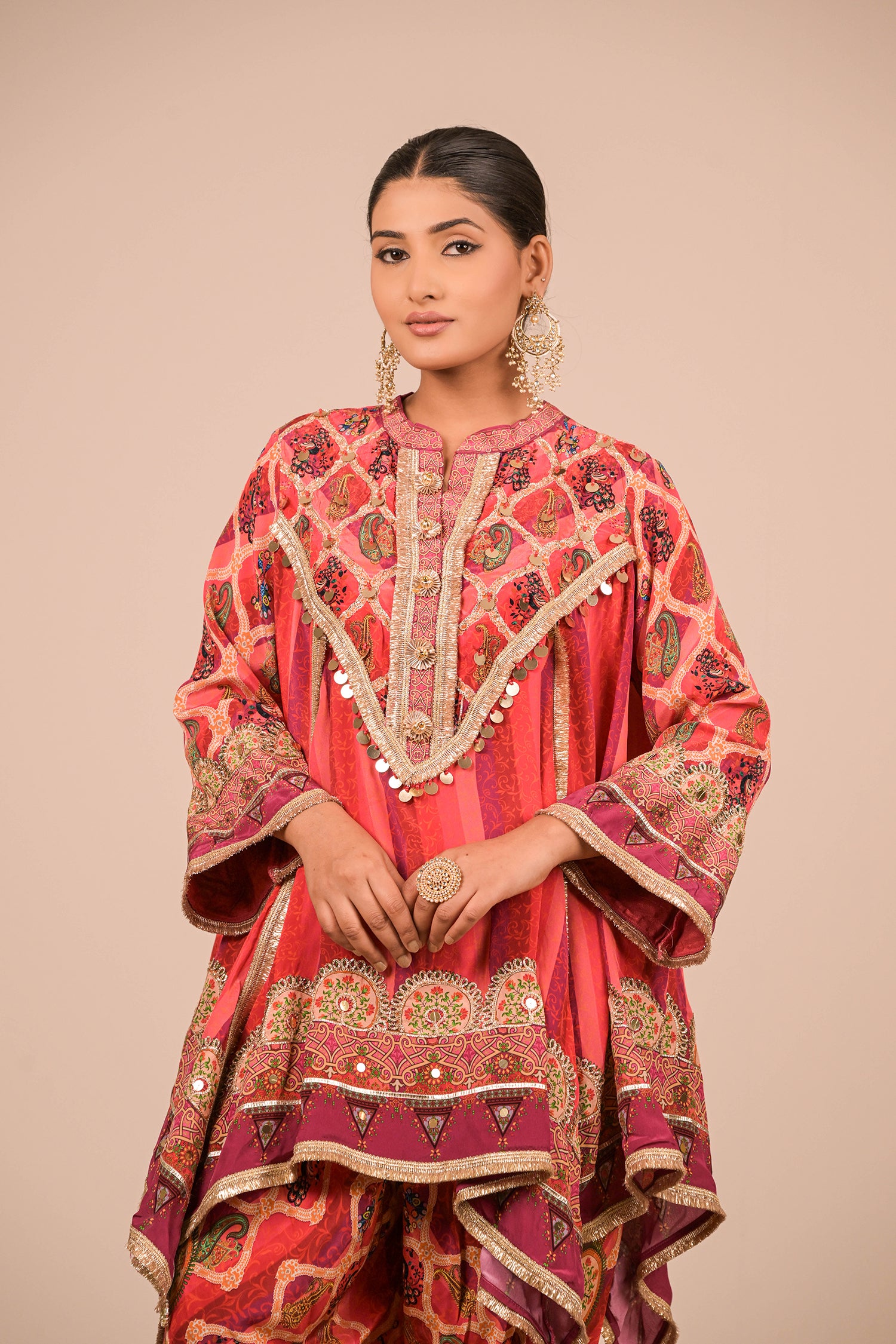 Vibrant Persian Red Crepe Suit Set with Tulip Pants and Heavy Embroidered Potli Bag