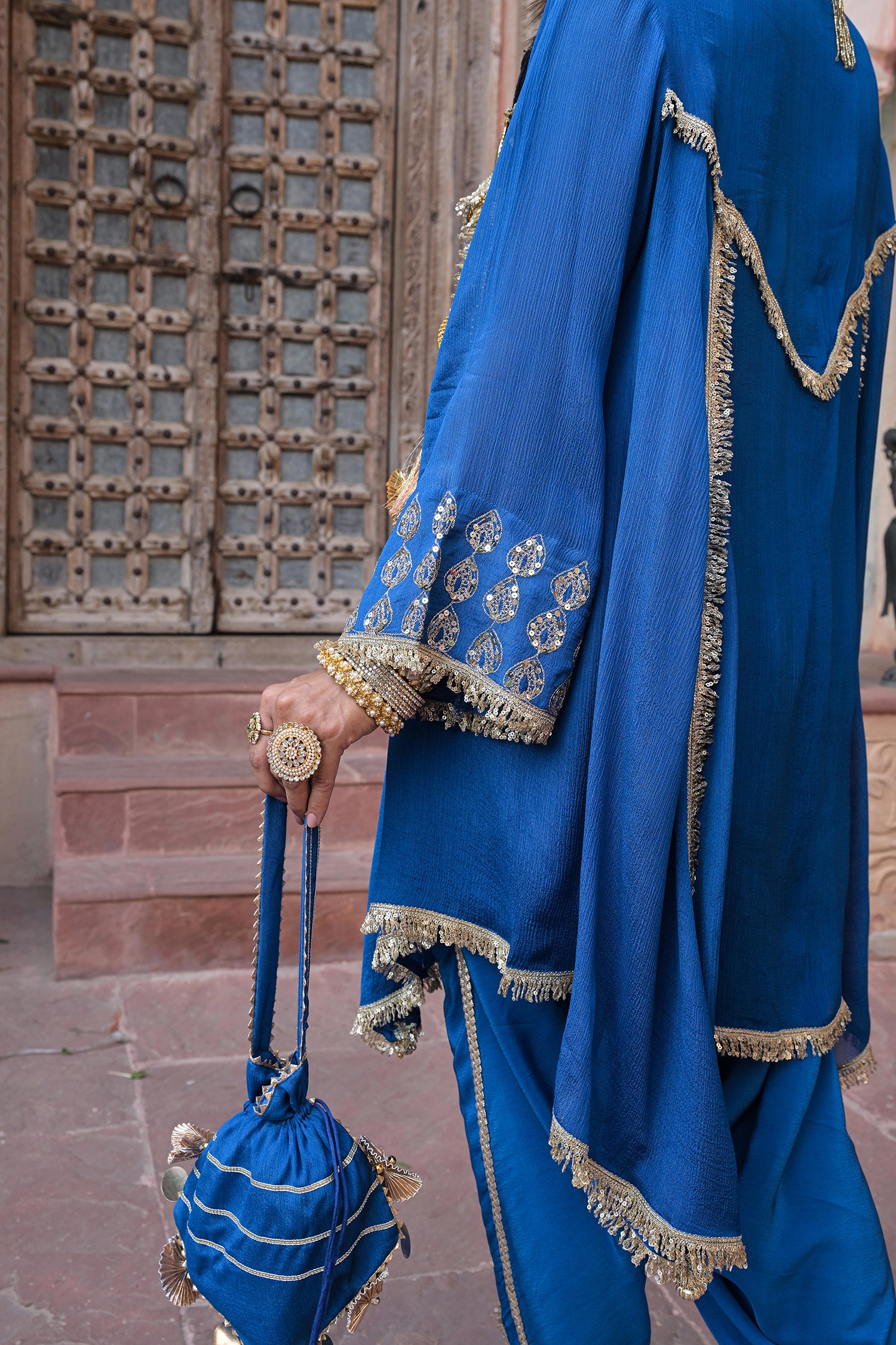 Royal Blue Chinon Kurti Crepe Dhoti Set