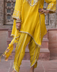 Bright Yellow Chinon Kurti Crepe Dhoti Set