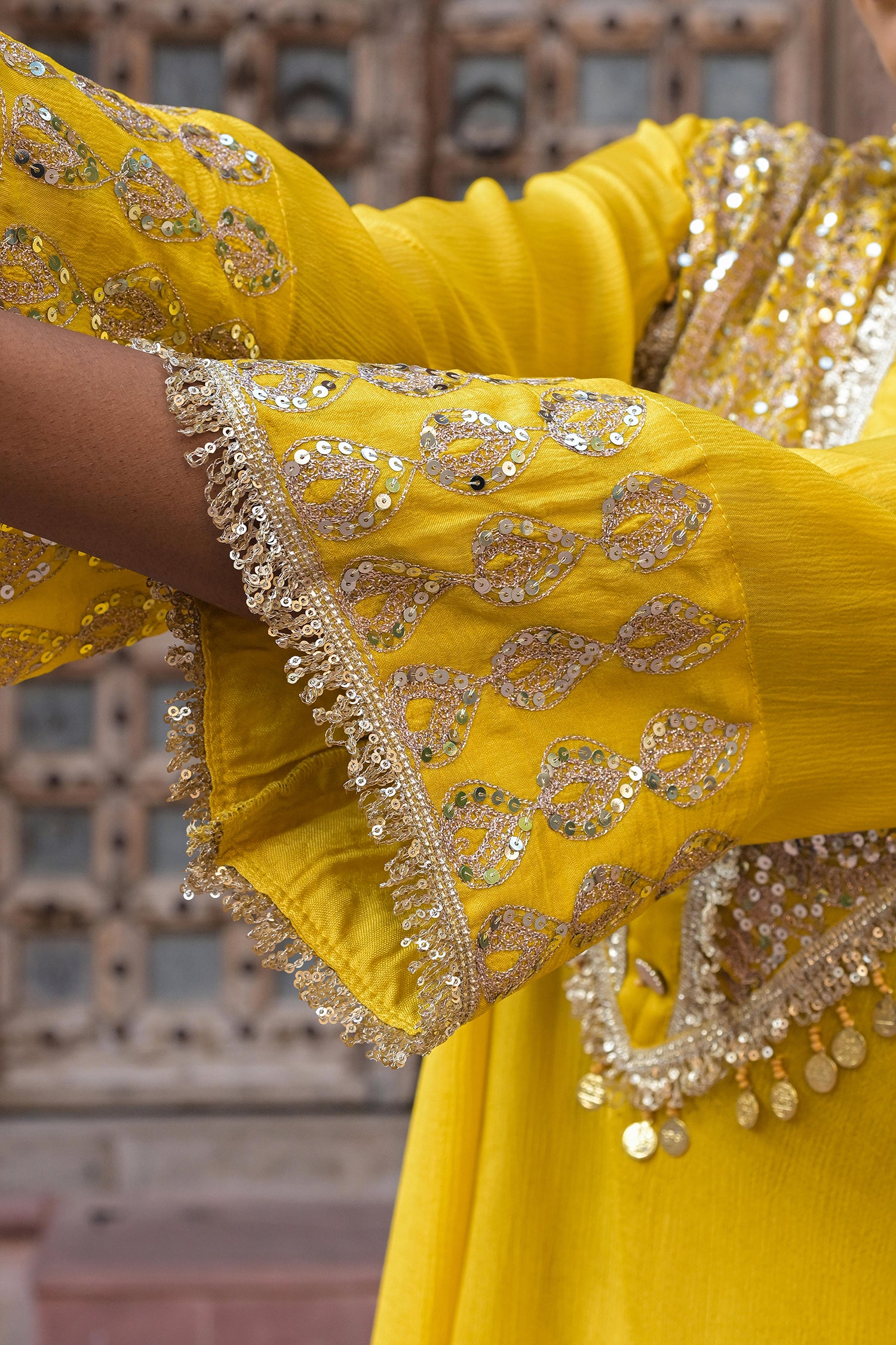 Bright Yellow Chinon Kurti Crepe Dhoti Set