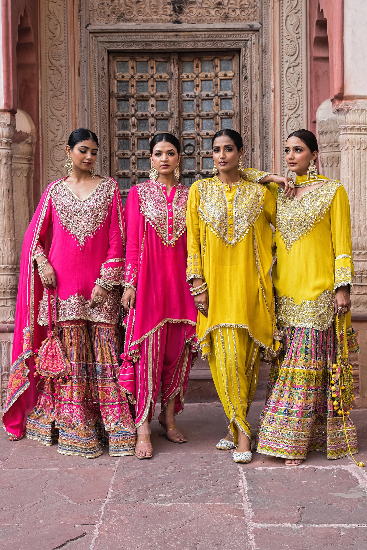 Stunning Red Chinon Kurti Crepe Sharara Suit