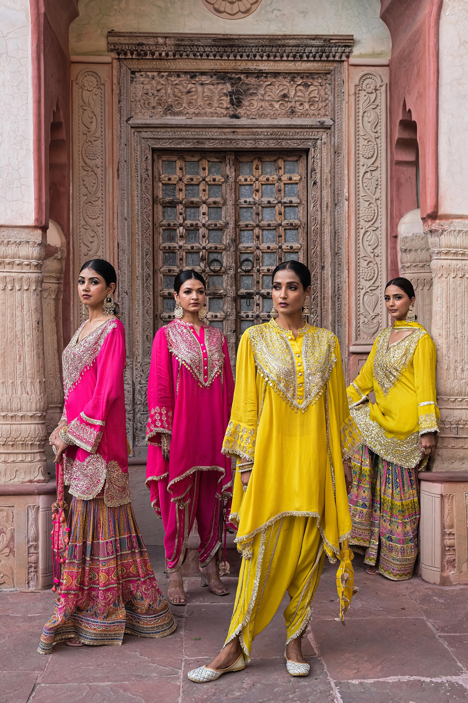 Vibrant Yellow Chinon Kurti Crepe Sharara Set