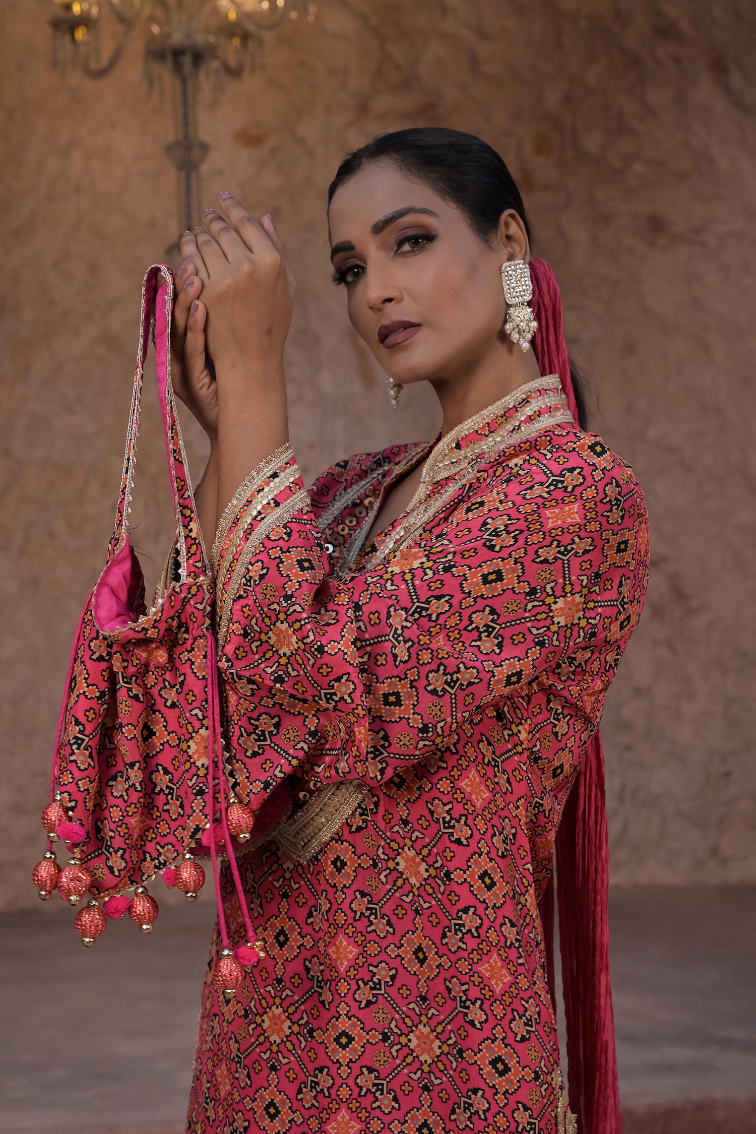 Rani Pink Crepe Kurti Salwar Set Contemporary Festive Fashion