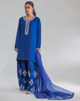 Blue Luxe Embroidered Farshi Suit Set with Dupatta