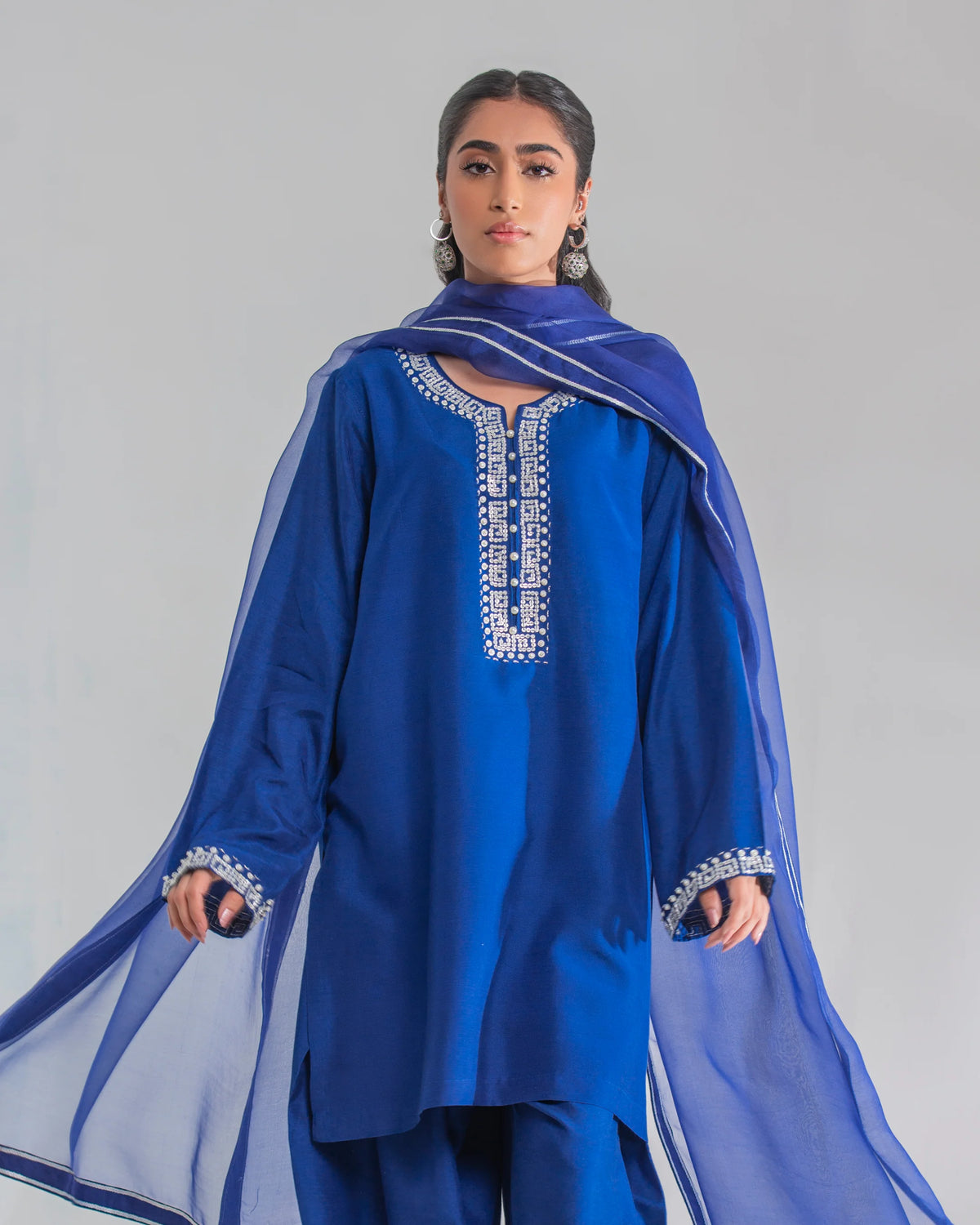 Blue Luxe Embroidered Farshi Suit Set with Dupatta