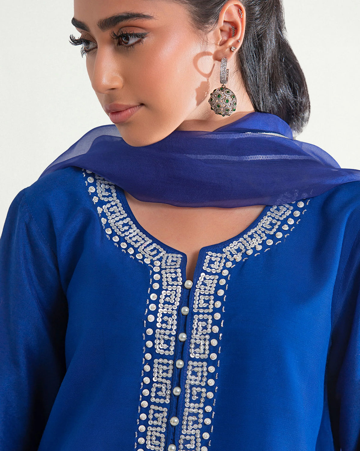 Blue Luxe Embroidered Farshi Suit Set with Dupatta