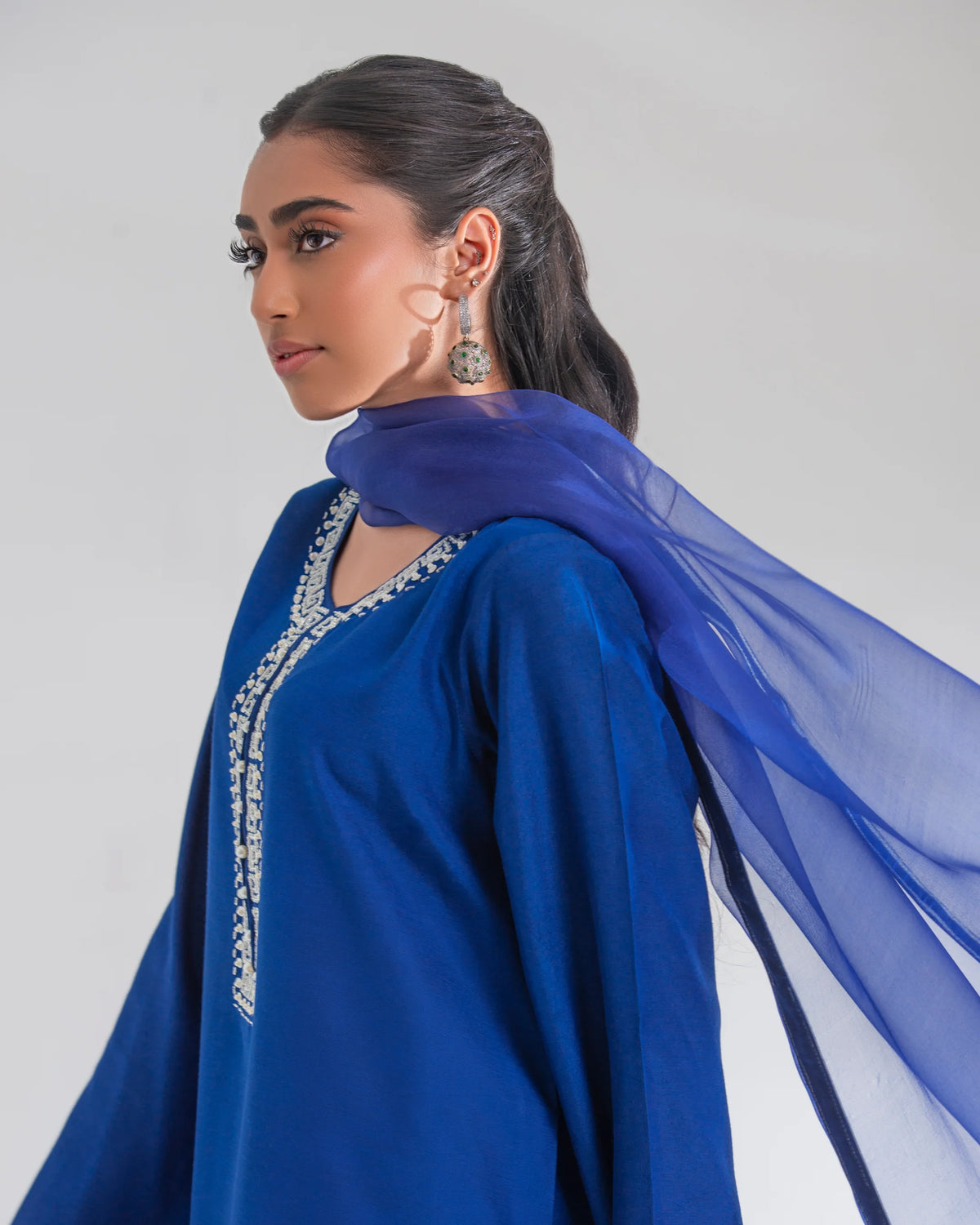 Blue Luxe Embroidered Farshi Suit Set with Dupatta