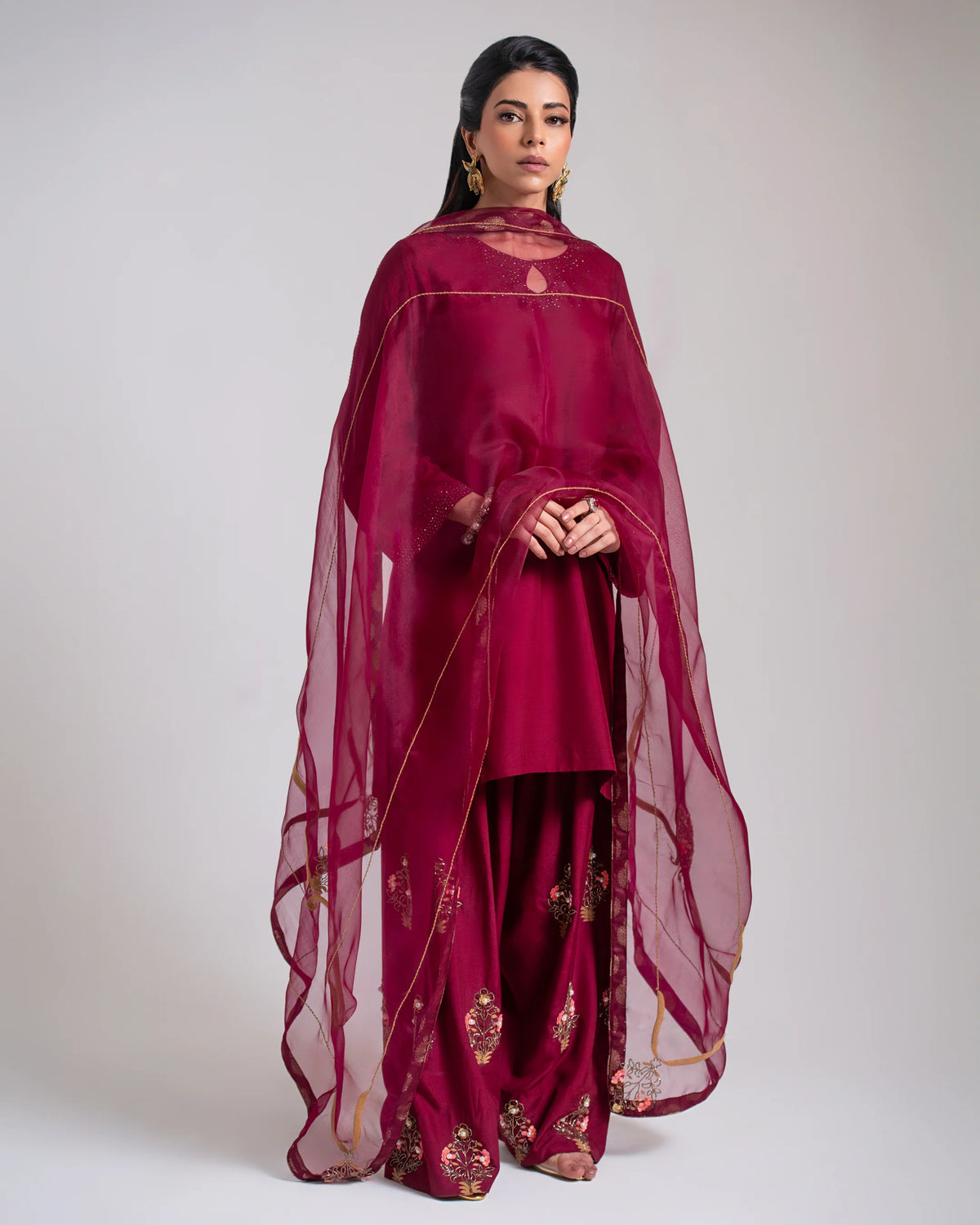 Maroon Luxe Embroidered Farshi Suit Set with Dupatta