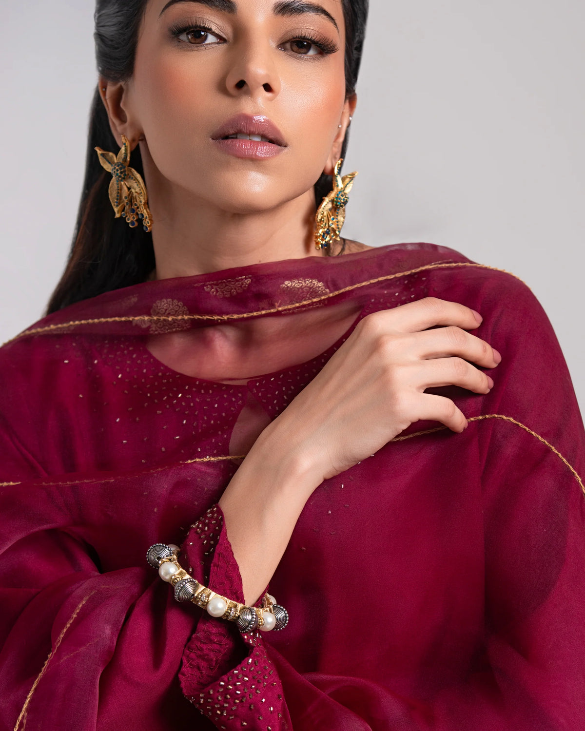 Maroon Luxe Embroidered Farshi Suit Set with Dupatta