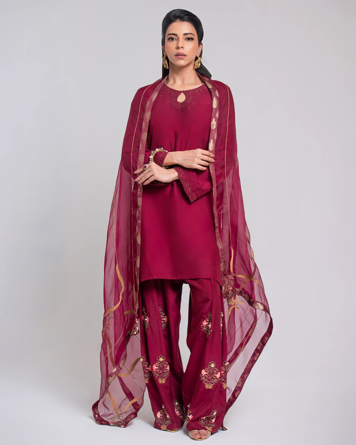 Maroon Luxe Embroidered Farshi Suit Set with Dupatta