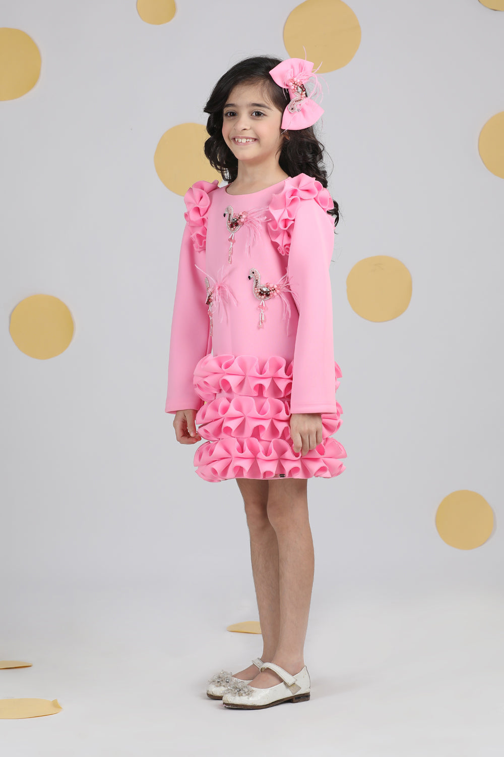 Dress with Tulles N Embroidered Flamingoes N Feathers