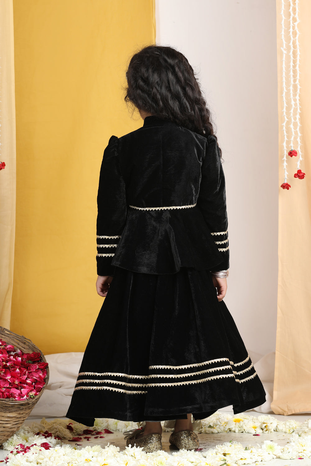 Flattened Thread Work Embroidery On The Peplum Blouse with Gotta Detailing On The Lehanga