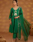 Green Silk Embroidered Kurta Set With Dupatta