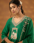 Green Silk Embroidered Kurta Set With Dupatta