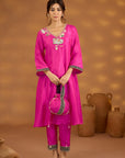 Pink Silk Embroidered Kurta Set With Dupatta
